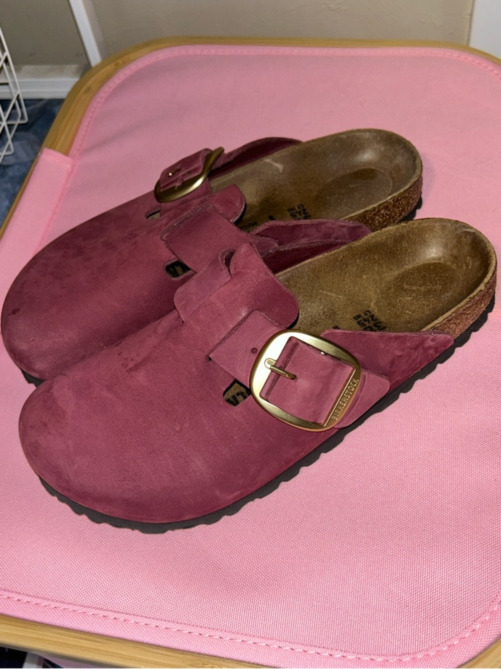 Birkenstock Boston Suede Clog in Burgundy with Gold Buckle Size 38